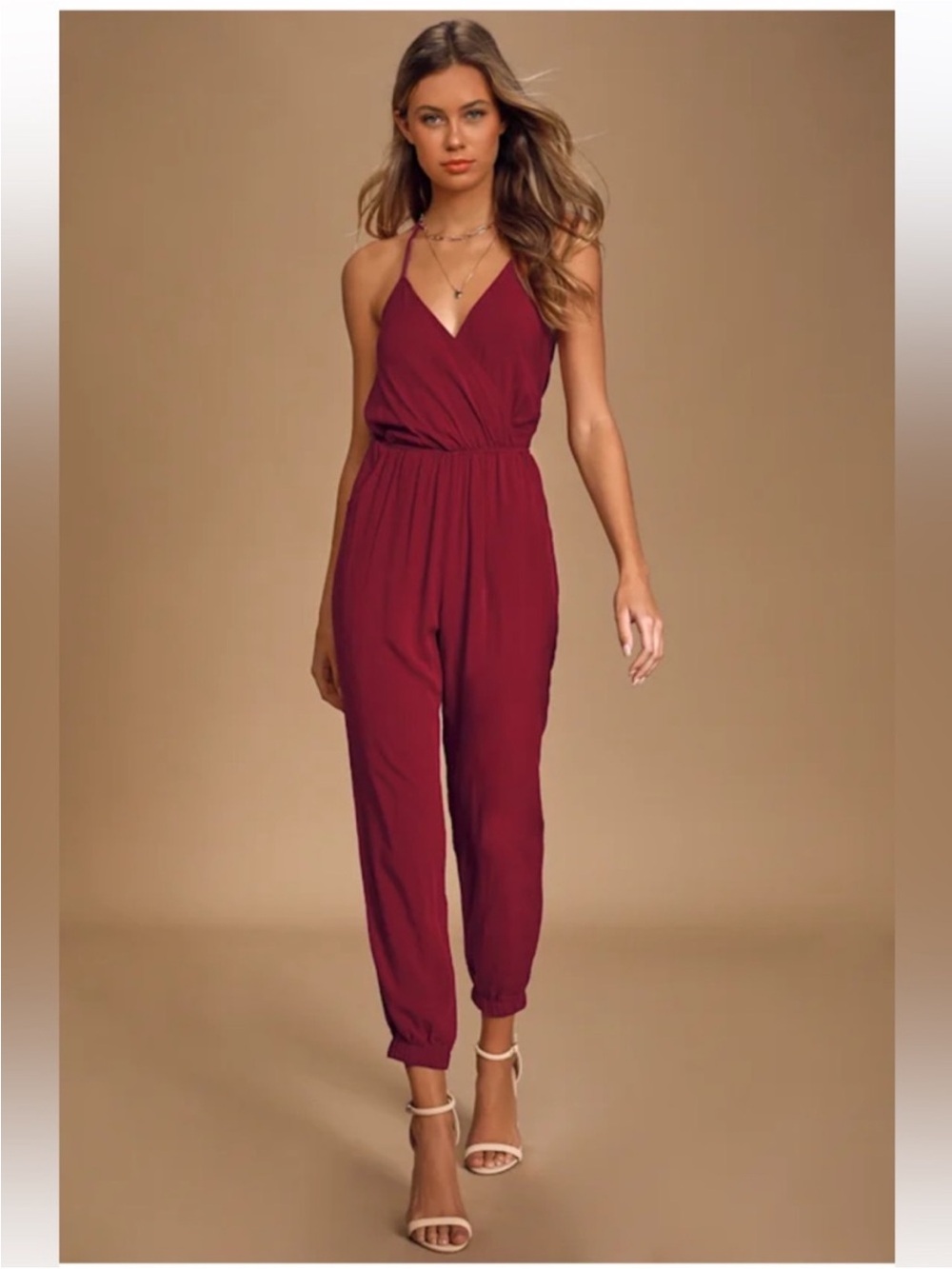 Lulu's Burgundy Halter Surplice Jumpsuit